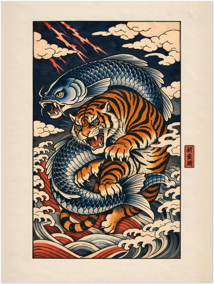 18x24 inch unframed Japanese tiger and koi wall art poster showcasing a dramatic vertical scene of a striped tiger and flowing blue koi surrounded by stylised ocean waves. The ukiyo-e inspired design features intricate linework, indigo and rust tones, and a soft cream background. Medium-large wildlife artwork suited for contemporary interiors.