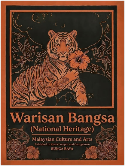 18x24 unframed Malaysia heritage poster Warisan Bangsa National Heritage showing a stylised tiger holding a hibiscus flower framed by birds and ornamental floral lines. The design uses strong orange illustration on a dark background in a vintage poster style. Malaysian culture wall art representing traditional decorative illustration and national identity.