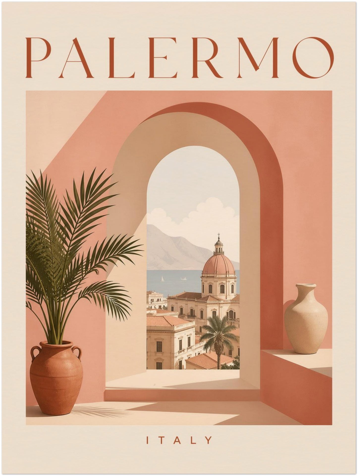 Unframed 18 x 24 inch Palermo Italy travel poster featuring a soft Mediterranean palette of peach, terracotta, cream and muted green. A large arch frames a bright Sicilian cityscape beside a potted palm, with PALERMO above and ITALY below. A statement-size pastel wall print for modern homes, offices or travel gallery walls.