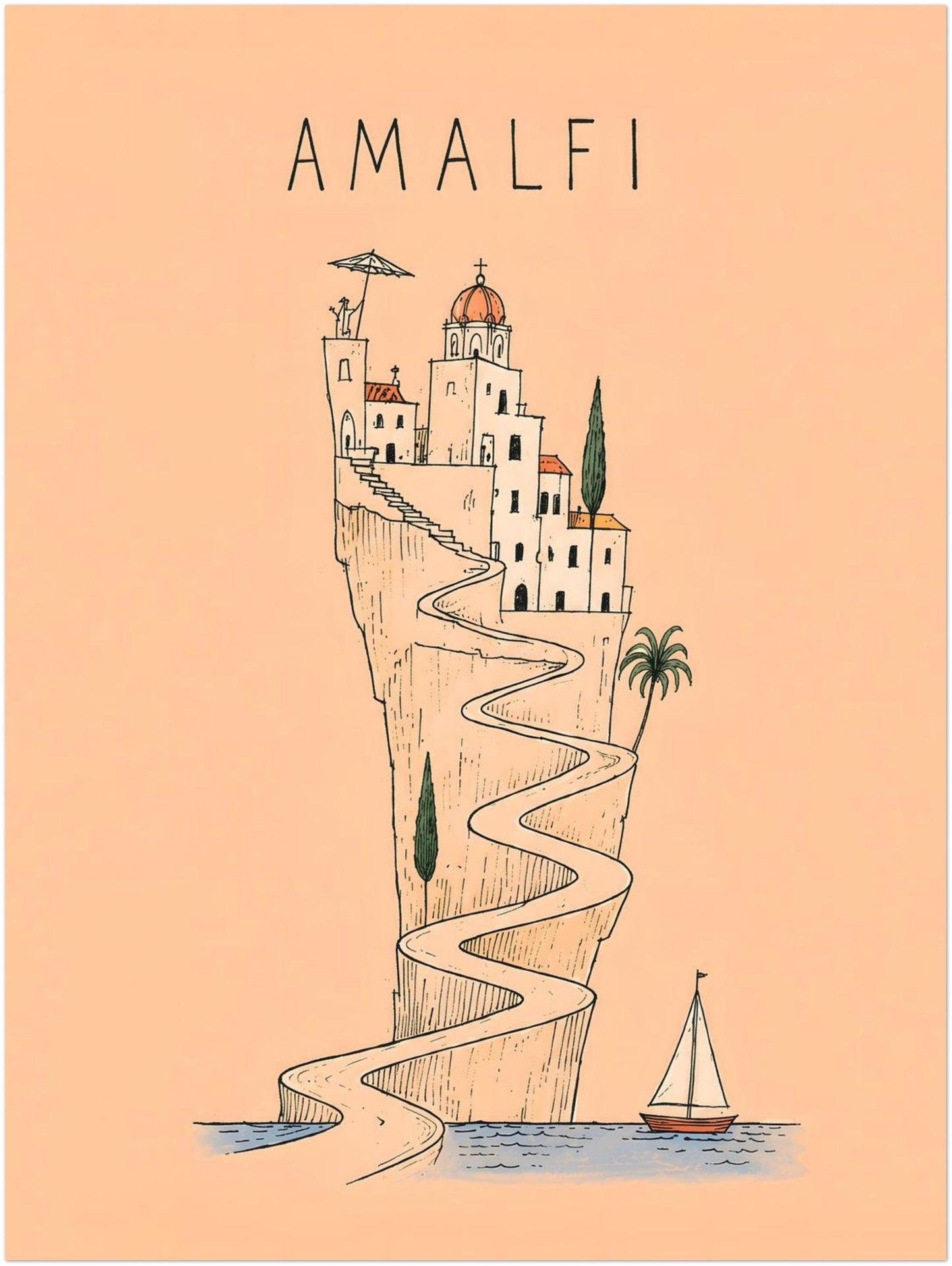 18 x 24 inch Amalfi Coast travel art with a hand-drawn cliffside village, looping coastal road, terracotta rooftops, green Mediterranean trees and a boat at sea.