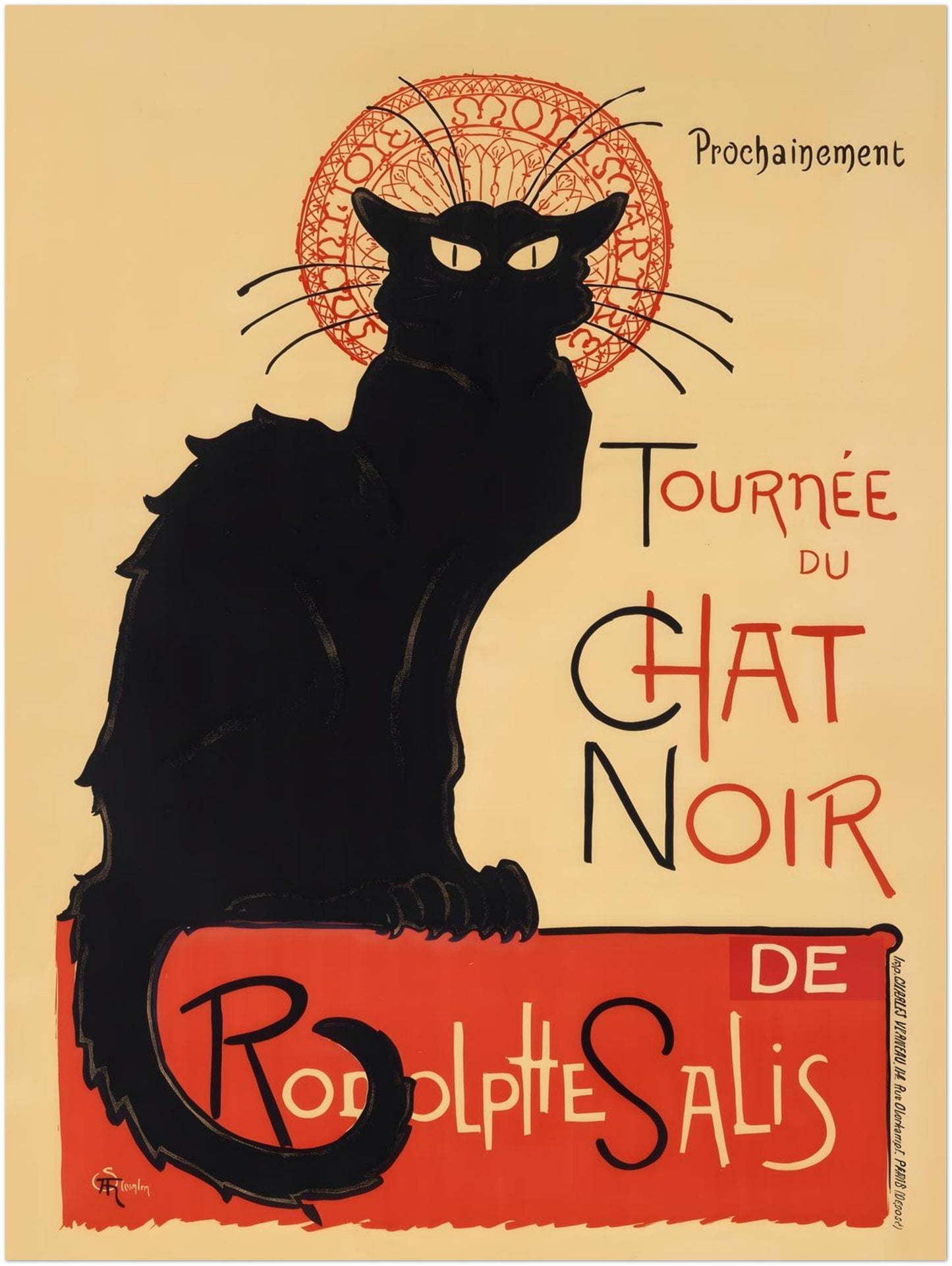 18x24 inch unframed Tournée du Chat Noir poster reproduction by Steinlen. The bold black cat silhouette and Art Nouveau typography stand out clearly at this popular display size. This vintage French cabaret wall art offers a strong focal point for gallery walls, Paris decor themes or classic black cat art collections.