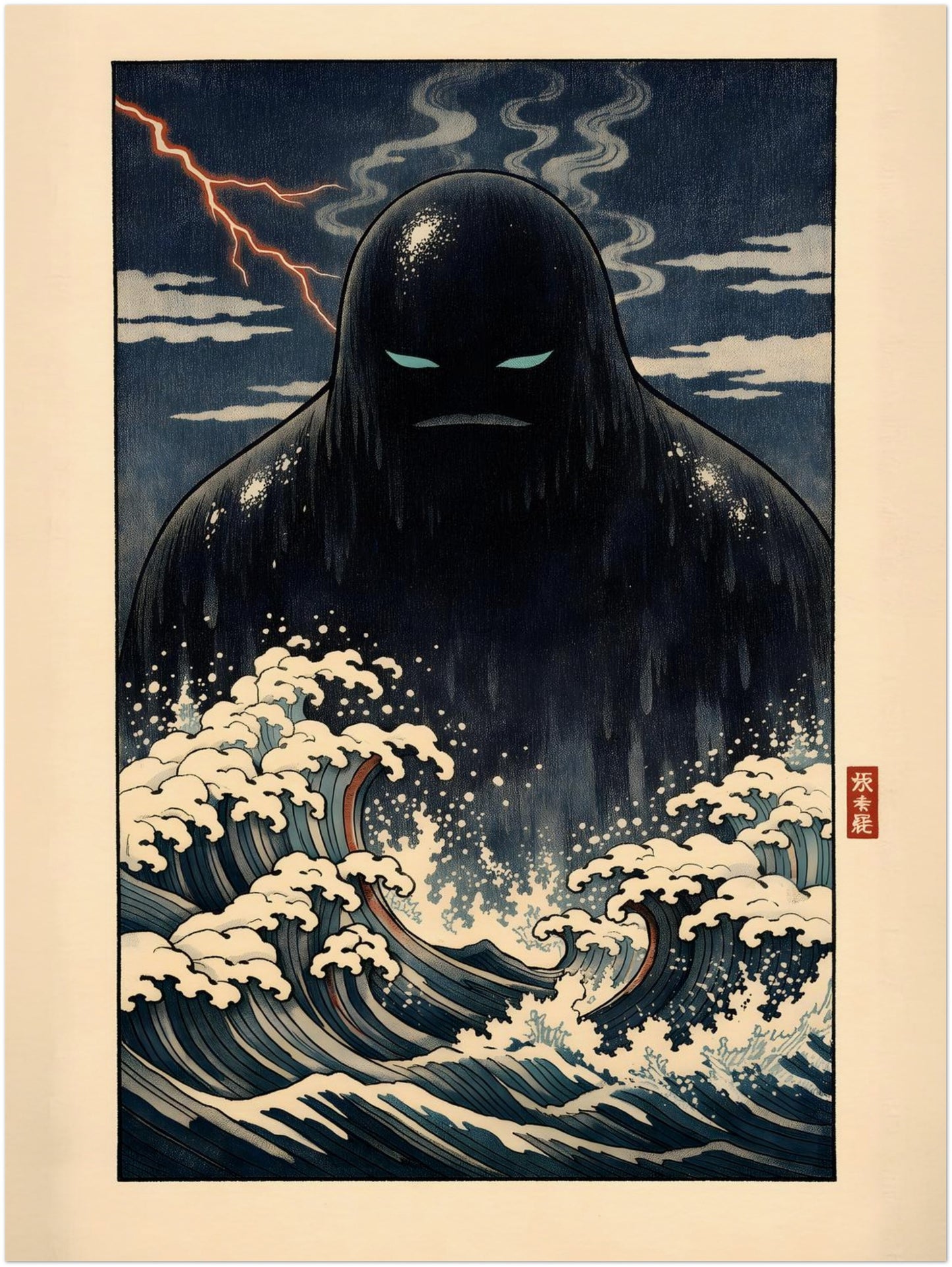 18x24 inch unframed Japanese Umibōzu yōkai poster showing a looming sea spirit rising from stylised foaming waves in rich indigo and cream tones. The vertical composition and traditional woodblock influence create strong visual drama. A versatile folklore wall art print ideal for living rooms, studios or cultural decor themes.