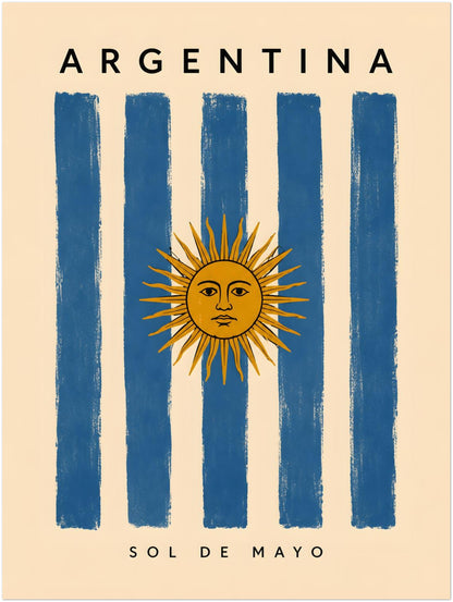 18 x 24 inch unframed Argentina art print featuring the golden Sun of May over tall blue and cream stripes inspired by the Argentine flag. Minimal Argentina lettering sits above the artwork and Sol de Mayo appears below. The warm neutral background and worn painted details give the poster a vintage Latin American travel style.