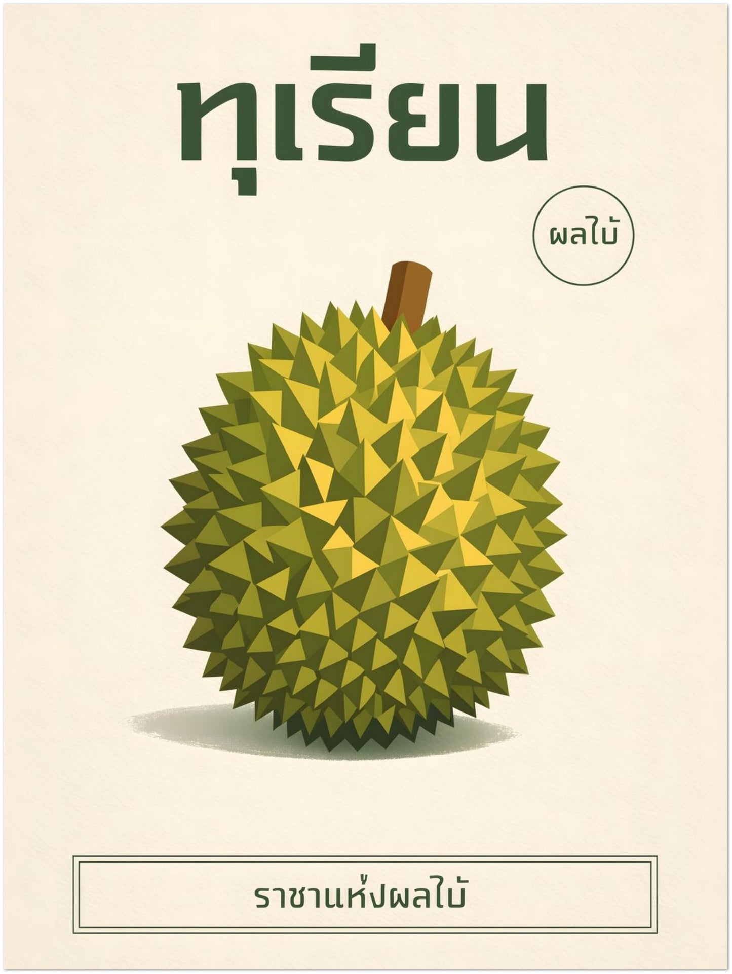18x24 inch unframed minimalist durian Thai poster featuring a centred geometric durian illustration with layered green tones. Thai script headline and minimal caption box structure the composition against a cream backdrop. The classic poster size suits gallery walls, kitchens or modern living areas with tropical influences.