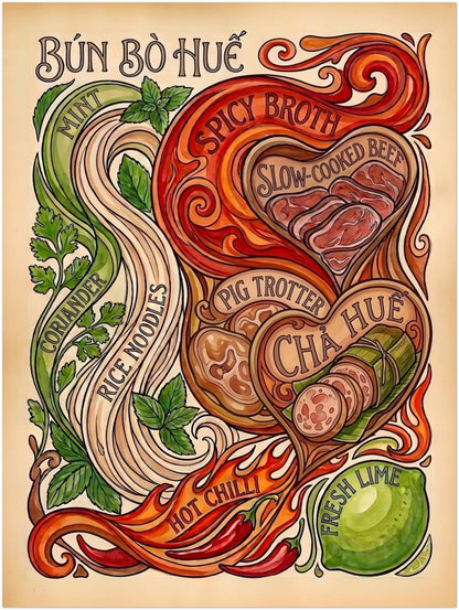 18x24 unframed Bun Bo Hue print with spicy red swirls, hand-drawn lettering and detailed Vietnamese soup ingredients including noodles, herbs, lime, chilli, beef, pig trotter and chả Huế sausage. A larger kitchen print for bold food decor, street food art or restaurant wall styling.