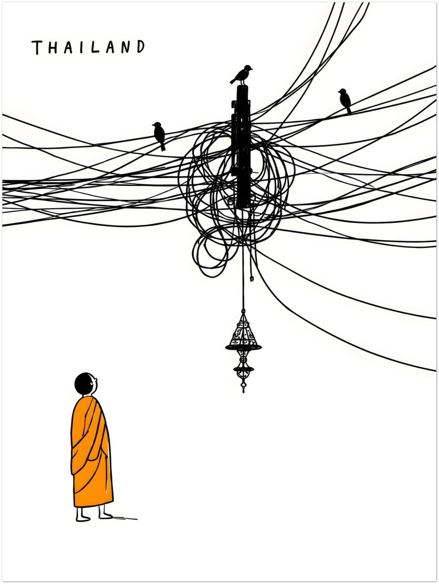 18x24 Thailand cable mess travel poster showing tangled black overhead wires crossing above a Buddhist monk in a bright orange robe. Birds sit on the cables while a small hanging lamp adds Thai street detail, creating funny minimalist wall art with a clean black, white and orange look.