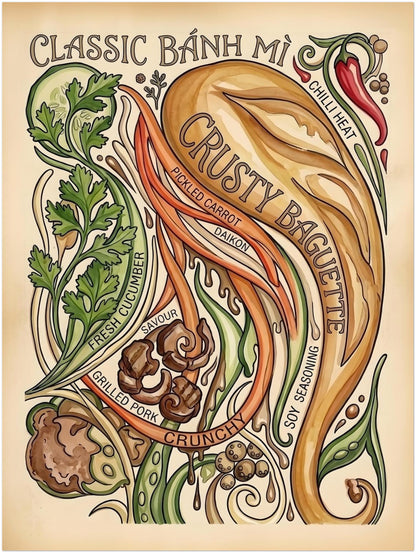 18x24 inch unframed Banh Mi wall art with vintage Vietnamese street food style. The poster shows a large crusty baguette with chilli, coriander, cucumber, pickled carrot, daikon, grilled pork and soy seasoning. A tall food poster for kitchens, dining rooms, cafés and restaurant walls.