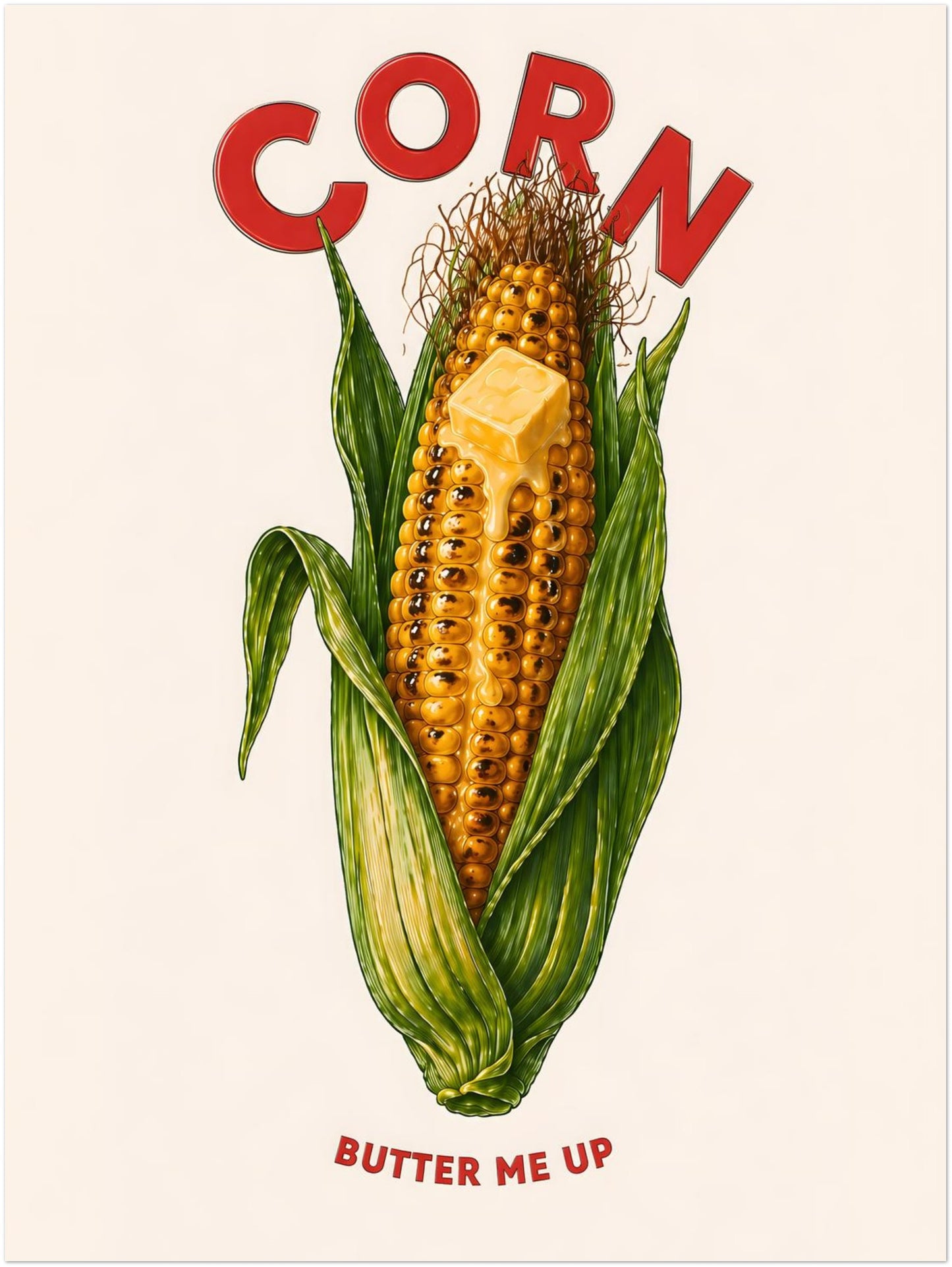 18x24 inch unframed buttered corn poster shown as a large vertical print. The artwork shows a bright corn on the cob wrapped in green husks with melted butter on top, red CORN lettering and BUTTER ME UP text. A bold food poster for kitchen wall art, café decor, dining rooms and fun gallery walls.