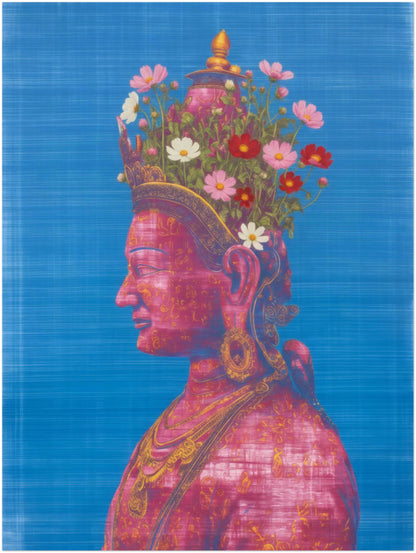 Unframed 18×24 inch Pink Tara Buddhist art print on a white background, showing enhanced visual presence of the deity portrait, ornate floral crown and rich spiritual colour palette at large scale.