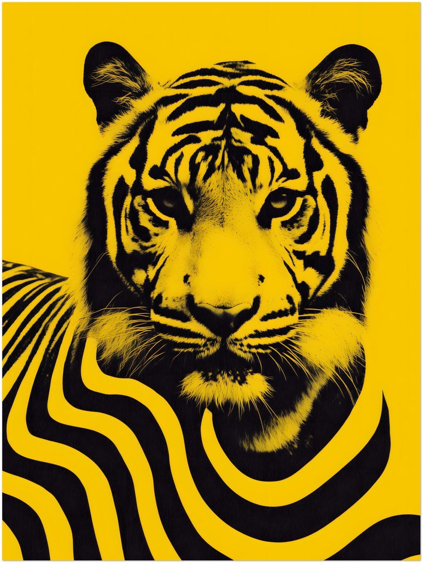 18x24 inch unframed Malaysian tiger wall art poster showing a bold black tiger portrait with graphic flowing stripe patterns across the body on a vivid yellow background. Inspired by Malaysia’s national animal, the design blends contemporary graphic illustration with wildlife imagery to create a striking modern poster suitable for statement wall decor.