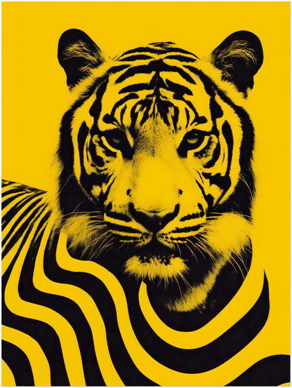 18x24 inch unframed Malaysian tiger wall art poster showing a bold black tiger portrait with graphic flowing stripe patterns across the body on a vivid yellow background. Inspired by Malaysia’s national animal, the design blends contemporary graphic illustration with wildlife imagery to create a striking modern poster suitable for statement wall decor.