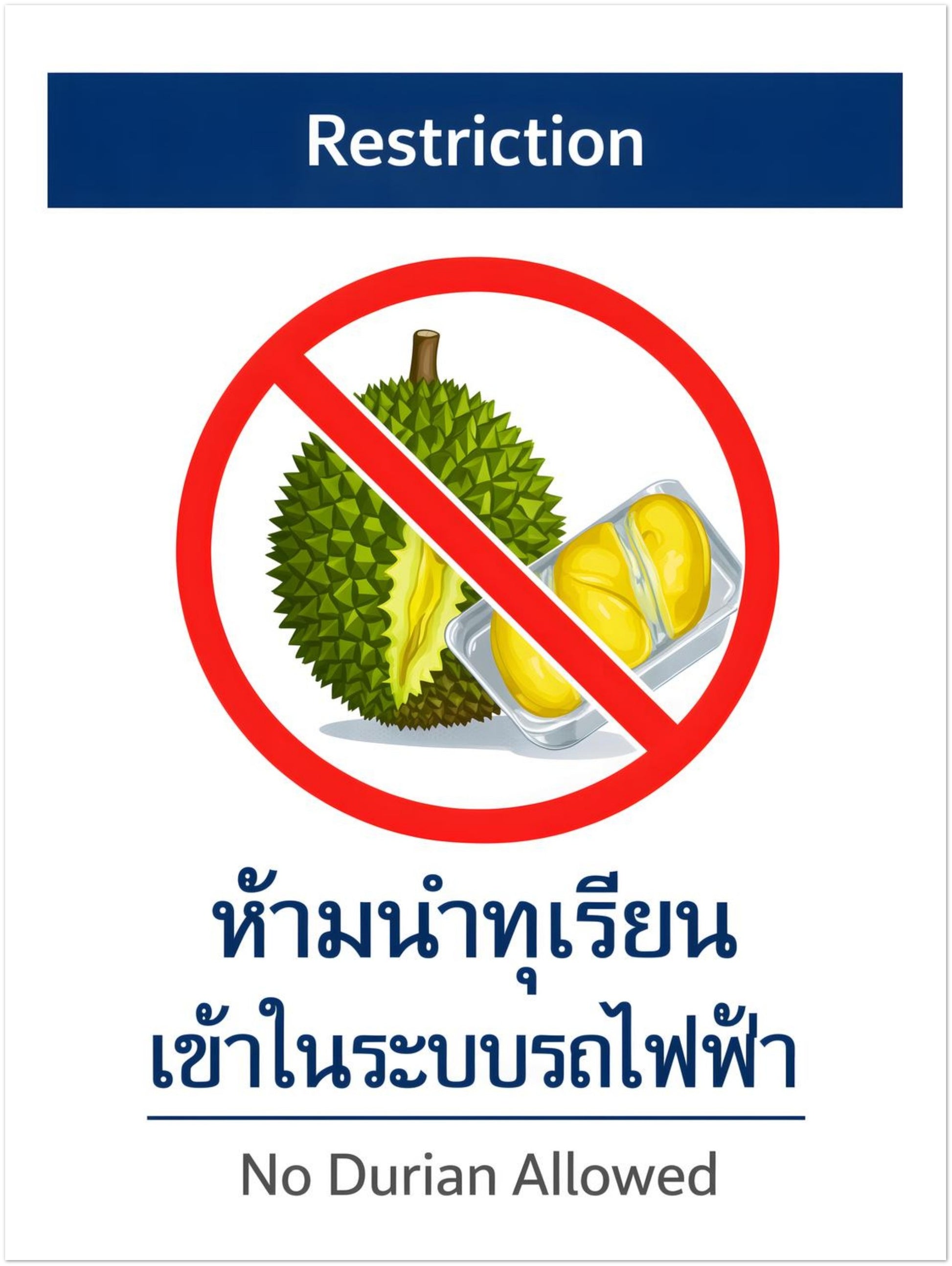 18x24 inch unframed No Durian Allowed print based on Bangkok BTS and Thai metro durian warning signs. Features bold red prohibition symbol over durian fruit with bilingual text. Contemporary Asian food wall art ideal for kitchens, dining areas or Southeast Asia travel memory displays.