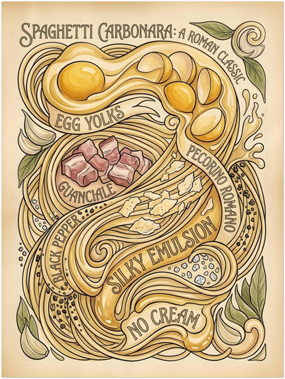 18x24 inch unframed spaghetti poster featuring a vintage Italian food design with detailed linework and a warm beige colour palette. The full composition shows flowing pasta, egg yolks, guanciale, pecorino romano, black pepper, garlic and herbs arranged like a decorative recipe illustration. A larger pasta wall art size that stands out in kitchens, dining rooms, cafes or coffee corners with neutral decor.