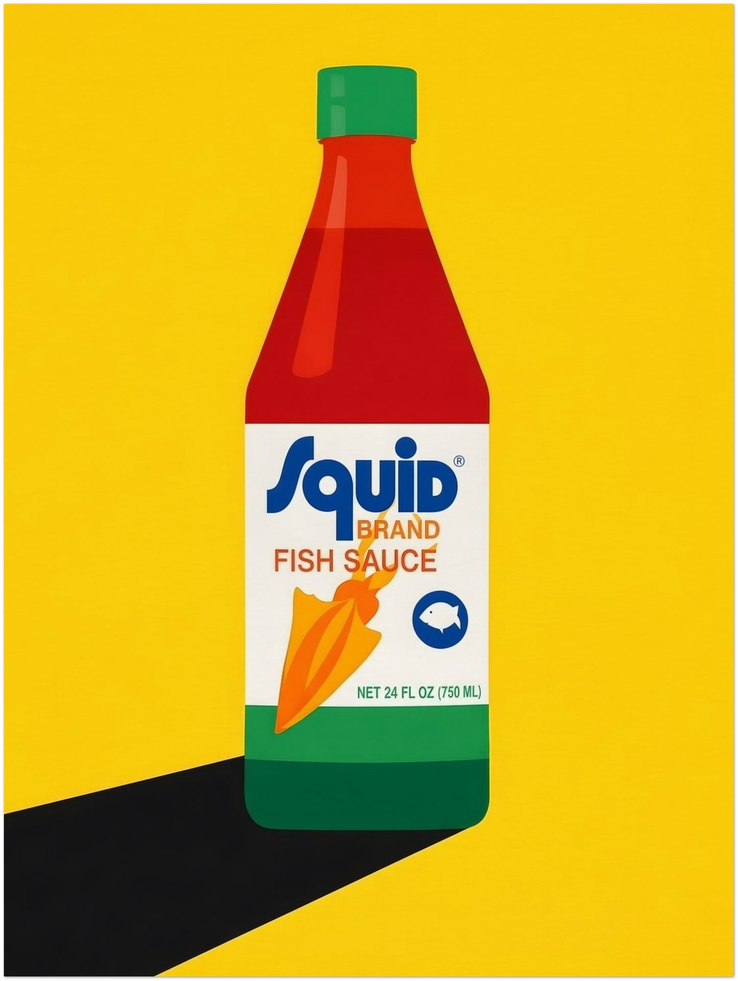 18x24 inch unframed Thai fish sauce poster featuring a graphic Squid Fish Sauce bottle placed centrally on a bold yellow field. The print has a clean pop art composition with strong geometric shapes, vivid colours and a dramatic dark shadow for extra depth. This large kitchen wall art print is suited to food-themed interiors, Thai decor collections and colourful modern spaces needing a focal point.