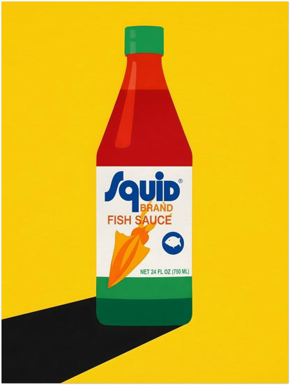 18x24 inch unframed Thai fish sauce poster featuring a graphic Squid Fish Sauce bottle placed centrally on a bold yellow field. The print has a clean pop art composition with strong geometric shapes, vivid colours and a dramatic dark shadow for extra depth. This large kitchen wall art print is suited to food-themed interiors, Thai decor collections and colourful modern spaces needing a focal point.