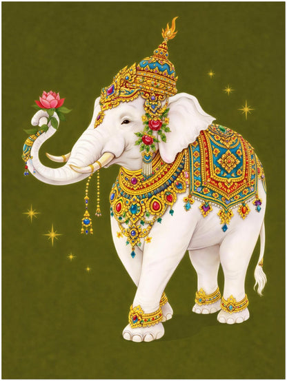 18x24 inch unframed Thai royal white elephant wall art print portraying a sacred white elephant embellished with ornate gold regalia and colourful Thai-inspired textiles. The trunk gently lifts a pink lotus flower. Olive green background with gold star accents provides contrast, emphasising intricate decorative detail and royal Southeast Asian cultural symbolism.