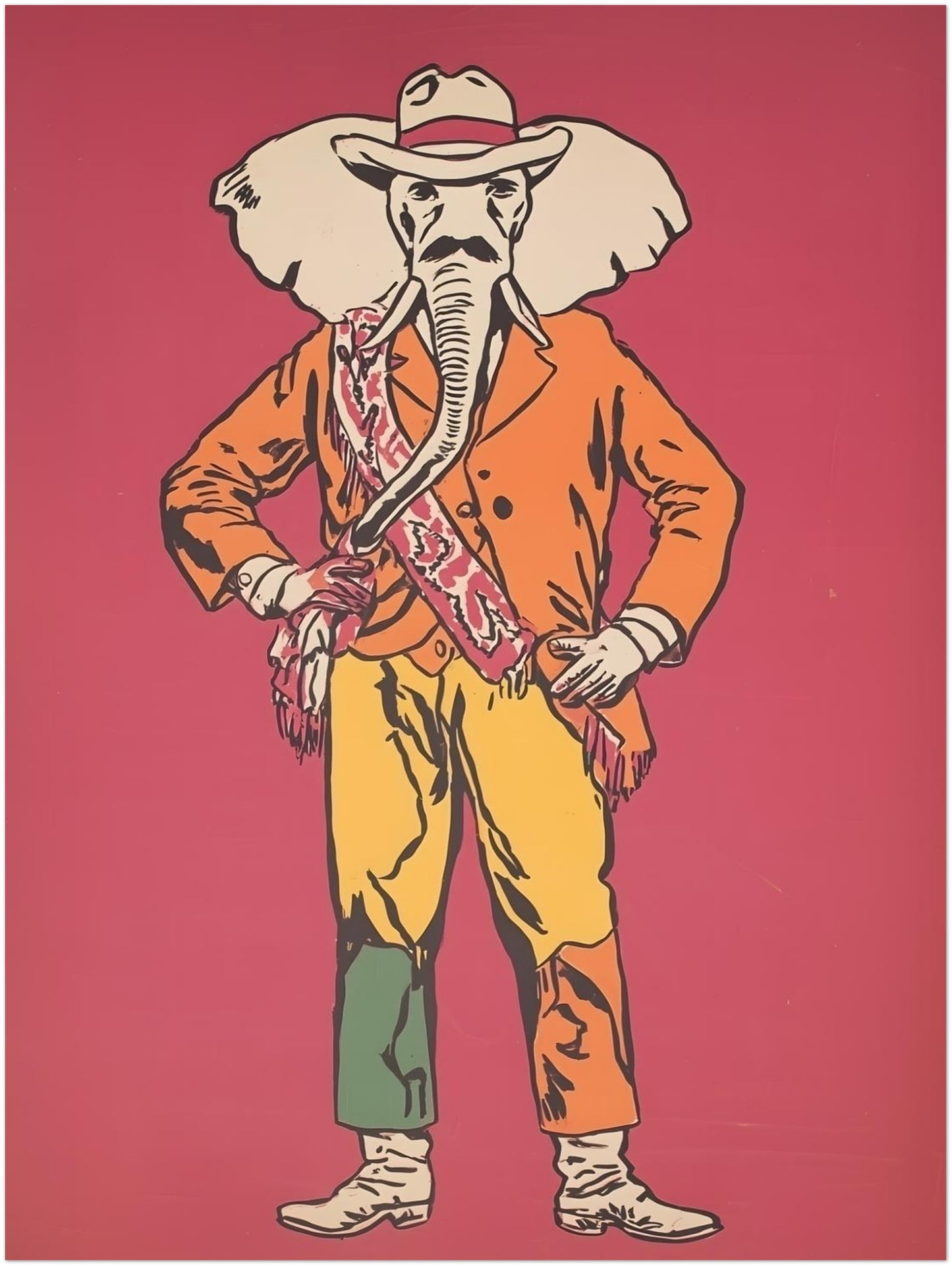 18x24 inch unframed Americana elephant cowboy poster with a bold graphic look and playful western styling. The artwork shows an elephant in a cowboy hat, orange jacket, patterned sash, yellow trousers and boots, standing on a deep red background. A larger funny animal wall art print suited to eclectic spaces, western interiors, offices, games rooms and feature walls.