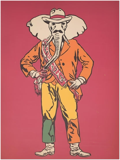 18x24 inch unframed Americana elephant cowboy poster with a bold graphic look and playful western styling. The artwork shows an elephant in a cowboy hat, orange jacket, patterned sash, yellow trousers and boots, standing on a deep red background. A larger funny animal wall art print suited to eclectic spaces, western interiors, offices, games rooms and feature walls.