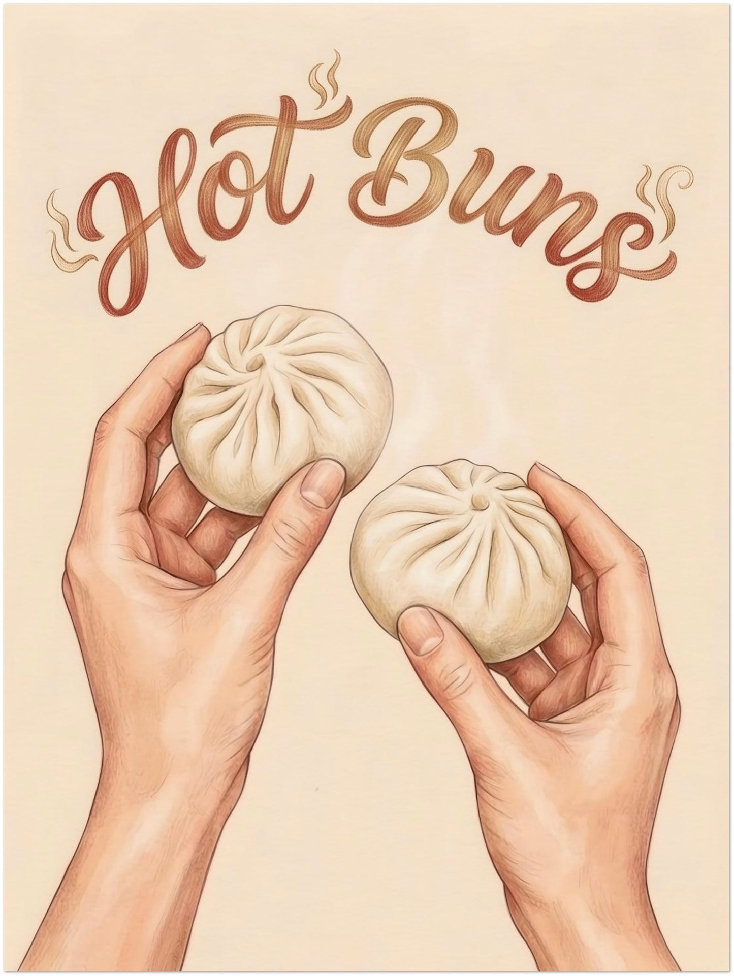 18x24 inch unframed Hot Buns art print with two illustrated hands holding bao buns beneath curved brown script text and subtle steam details. The beige background, soft colours, and hand drawn style give it a calm modern look, while the food pun adds personality. Ideal for larger kitchen wall decor, foodie wall art displays, restaurant style wall art, or dining spaces that suit simple asian food inspired design.