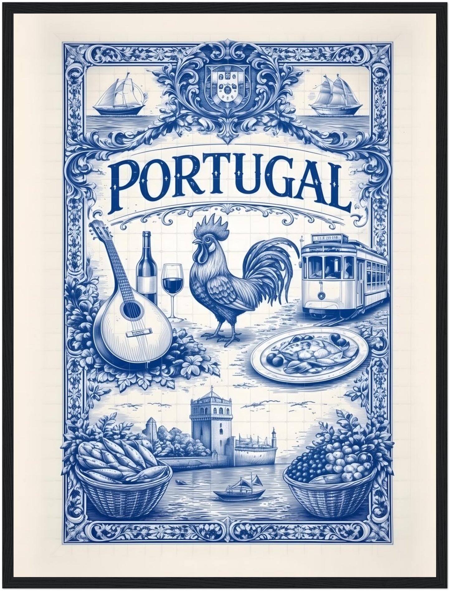 18x24 inch framed Portuguese tile art print in a black wood frame, featuring detailed blue azulejo artwork.