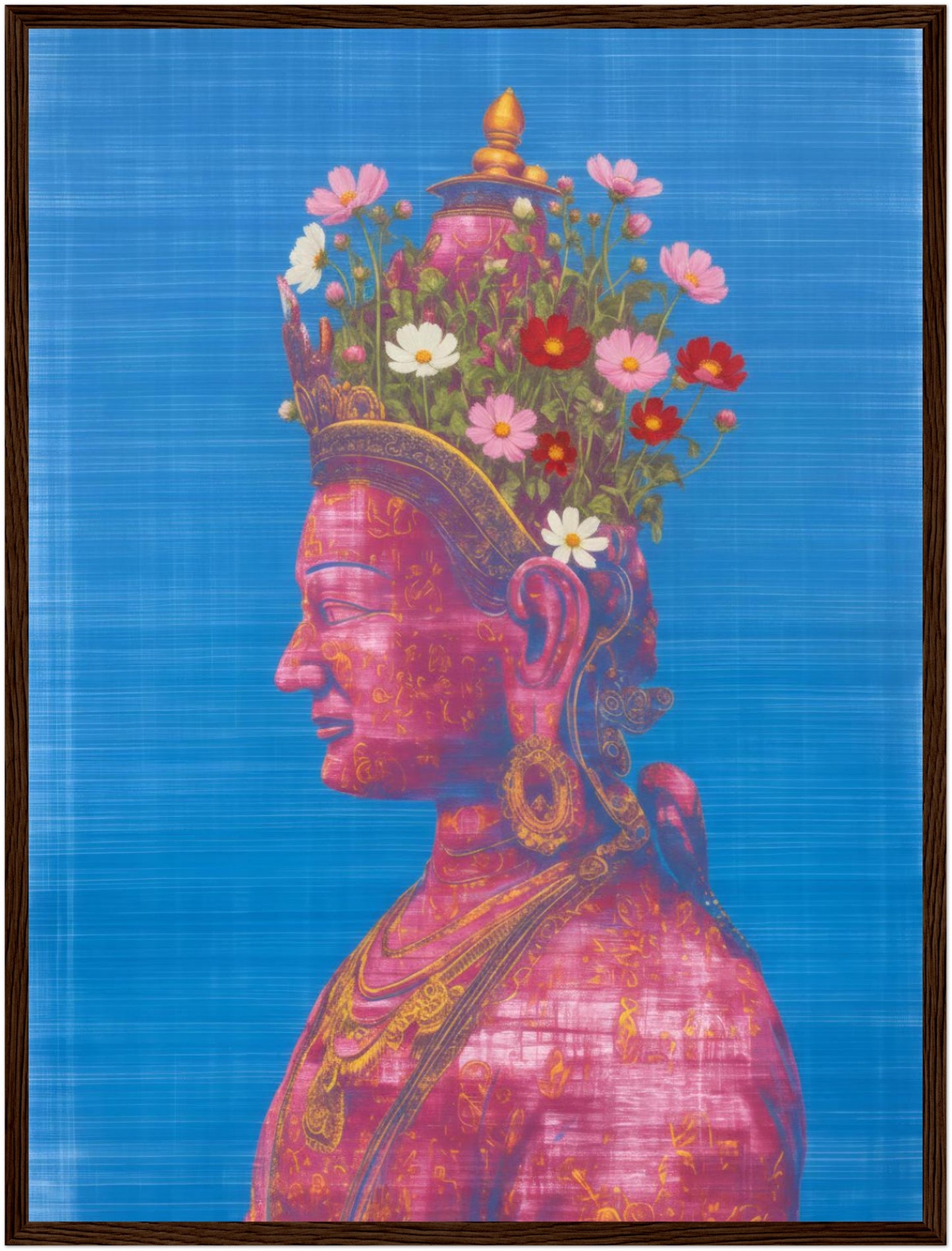 18x24 inch pink and green Tara Buddhist art print in a dark wood frame, depicting a serene pink Tara figure in profile.