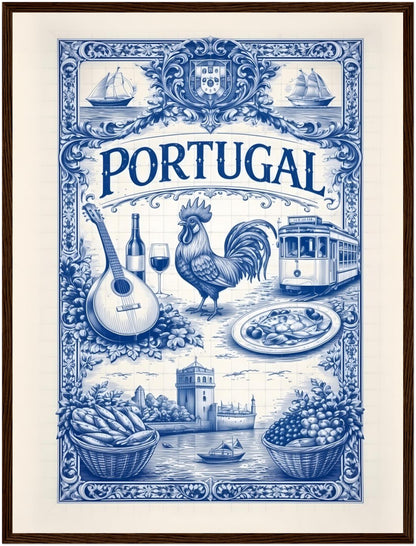 18x24 inch framed portugal azulejo poster in a dark wood frame, showcasing cultural tile art with travel-inspired symbolism.