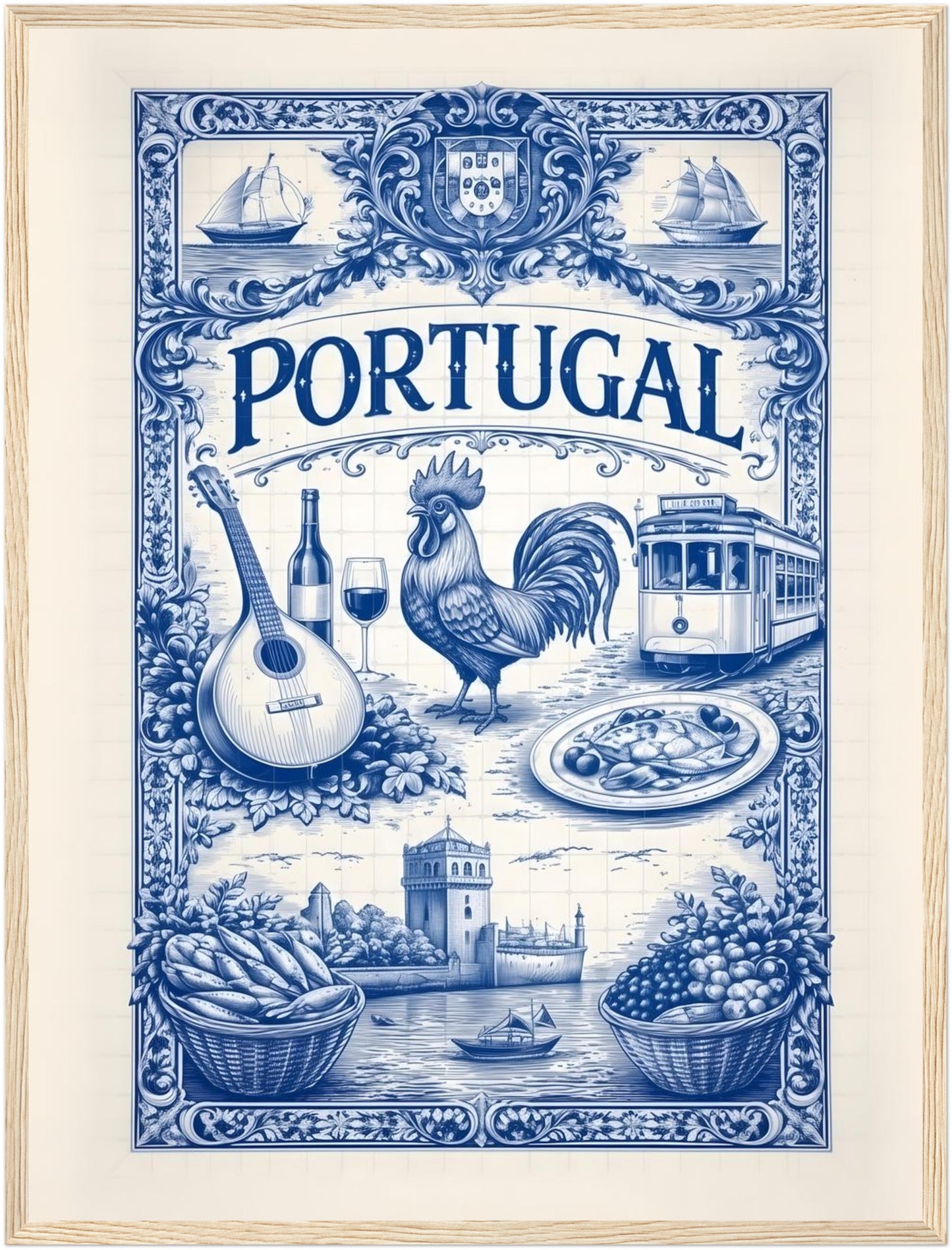 18x24 inch framed portuguese tile art poster in a natural wood frame, inspired by Portugal traditions and classic azulejo patterns.