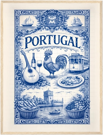 18x24 inch framed portuguese tile art poster in a natural wood frame, inspired by Portugal traditions and classic azulejo patterns.