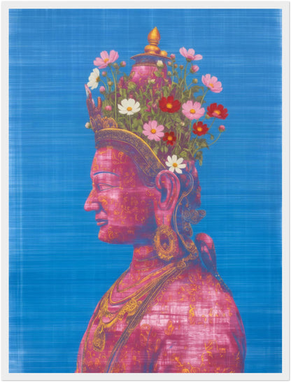 18x24 inch pink and green Tara Buddhist art print in a white wood frame, featuring a pink Tara side-profile figure with flowers on blue.