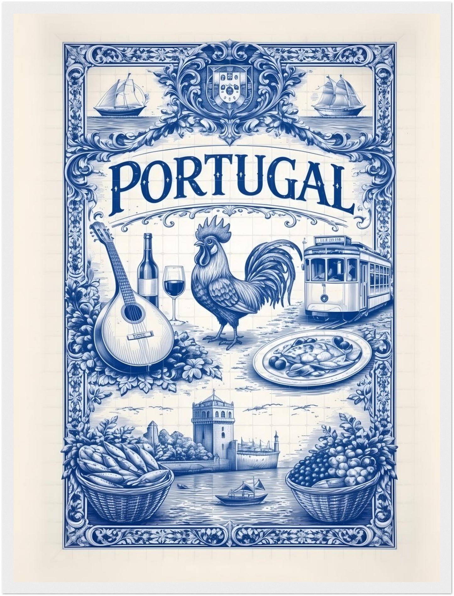 18x24 inch framed Portugal art poster in a white wood frame, featuring blue azulejo tile illustrations with Portuguese cultural symbols.