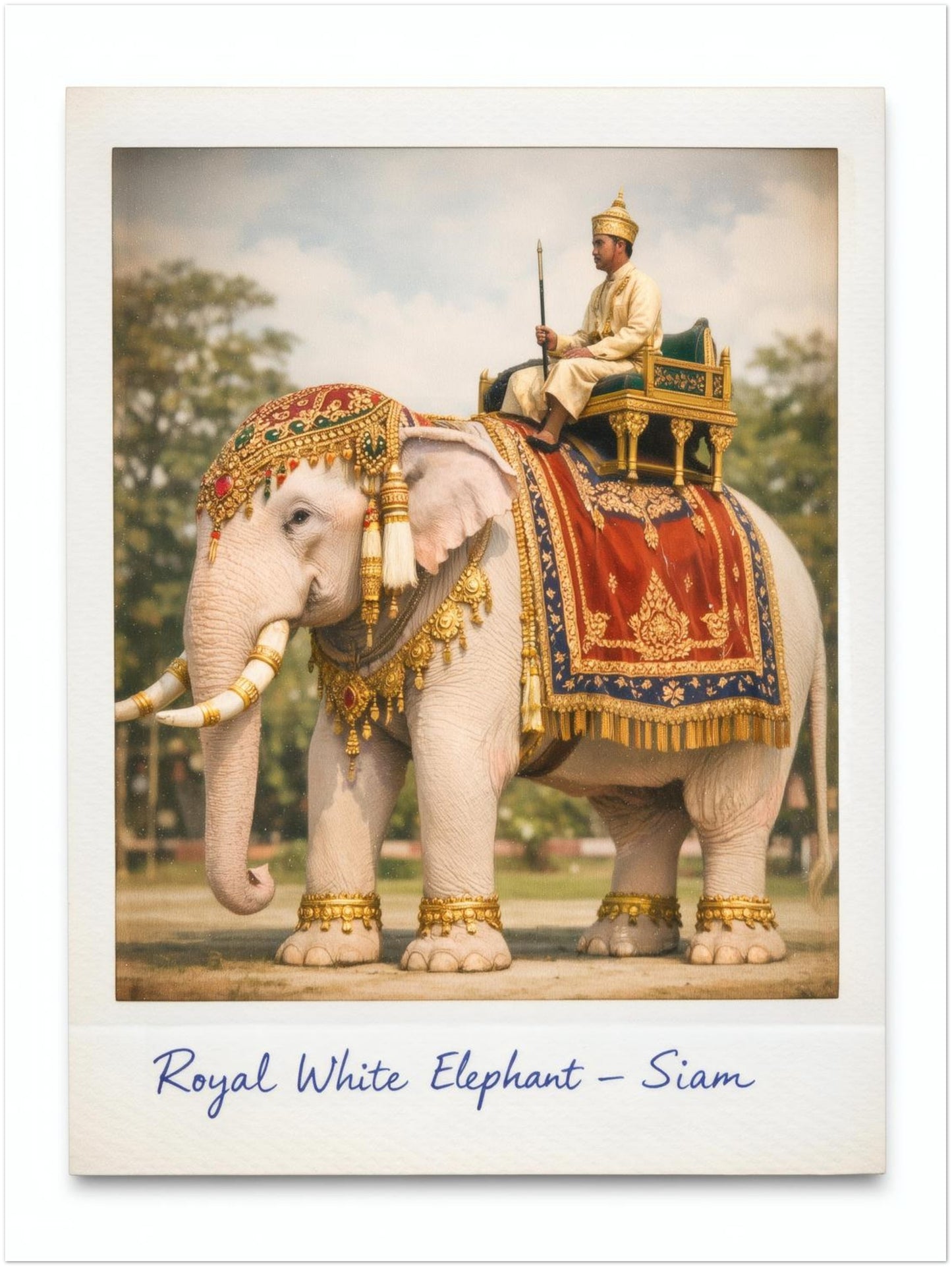 18x24 inch unframed Royal White Elephant Thailand wall art print. Designed as an old Polaroid photograph with handwritten caption, the artwork shows a white elephant dressed in red and gold ceremonial cloth with gold accents and a Thai royal rider. A cultural Siam-inspired poster for classic interiors.