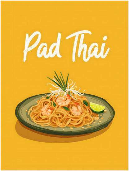 18x24 inch unframed Pad Thai poster print on a white background with vibrant Thai street food art