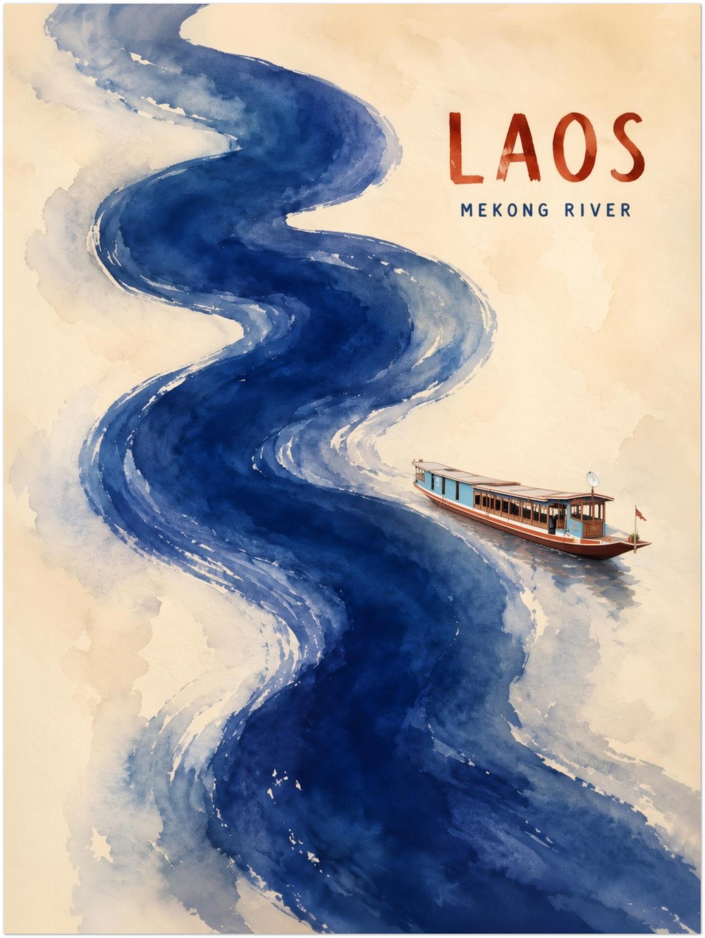 Unframed 18 x 24 inch Laos travel poster showing the Mekong River through broad flowing blue watercolour strokes on a warm cream field. A small traditional wooden boat rests along the right side of the river, below red LAOS and MEKONG RIVER text. Large vertical Southeast Asian wall art with loose texture, depth and a simple modern layout.