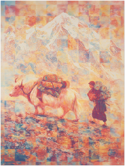 18x24 inch unframed Mount Everest wall art featuring a Tibetan yak journey illustrated in neo-surreal contour lines. Himalayan folk art print inspired by Tibet and Nepal travel routes.