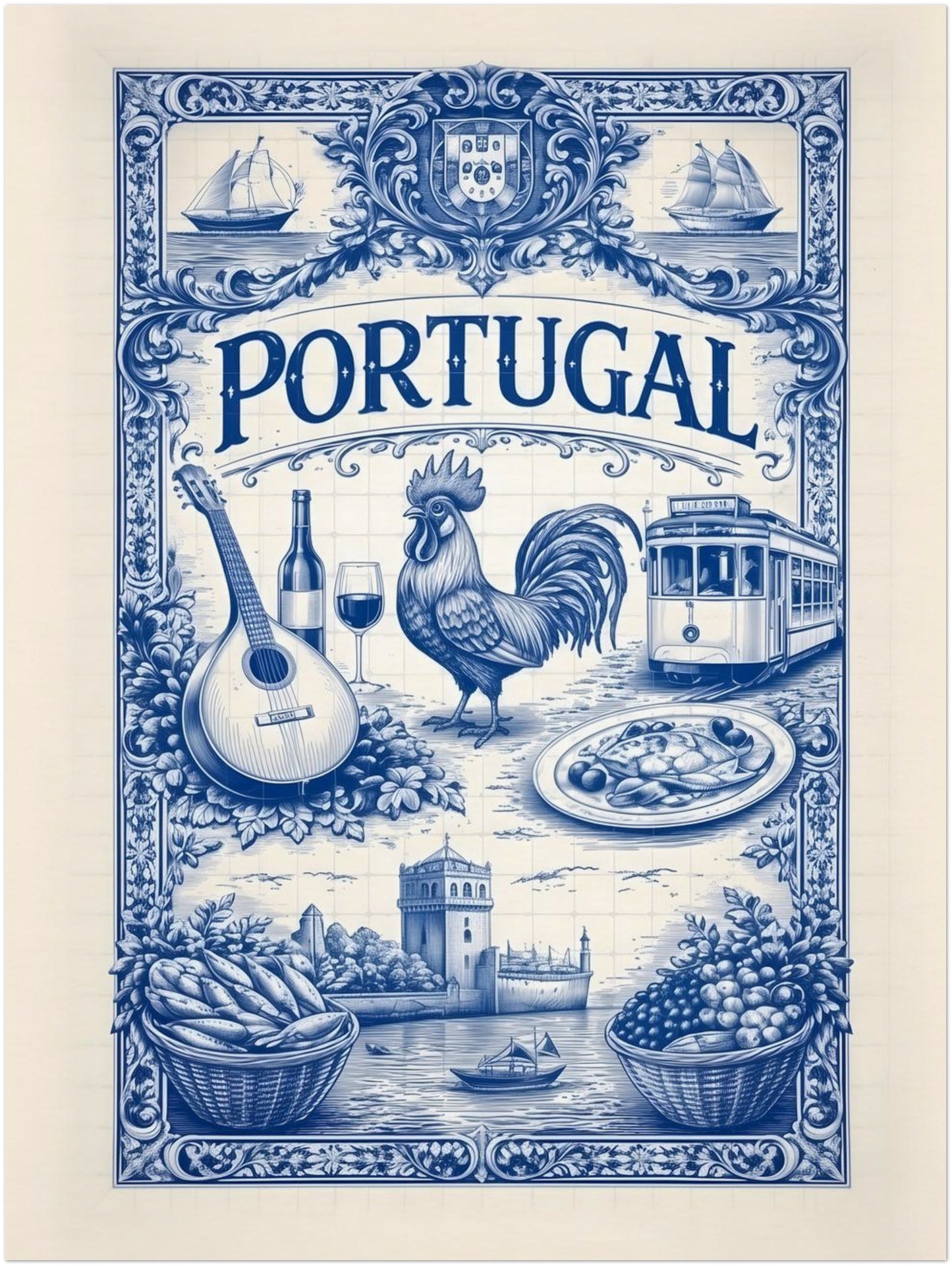 18x24 inch unframed Portuguese tile art poster featuring a detailed blue azulejo design celebrating Portugal traditions through illustrated food, music, transport, and coastal imagery.