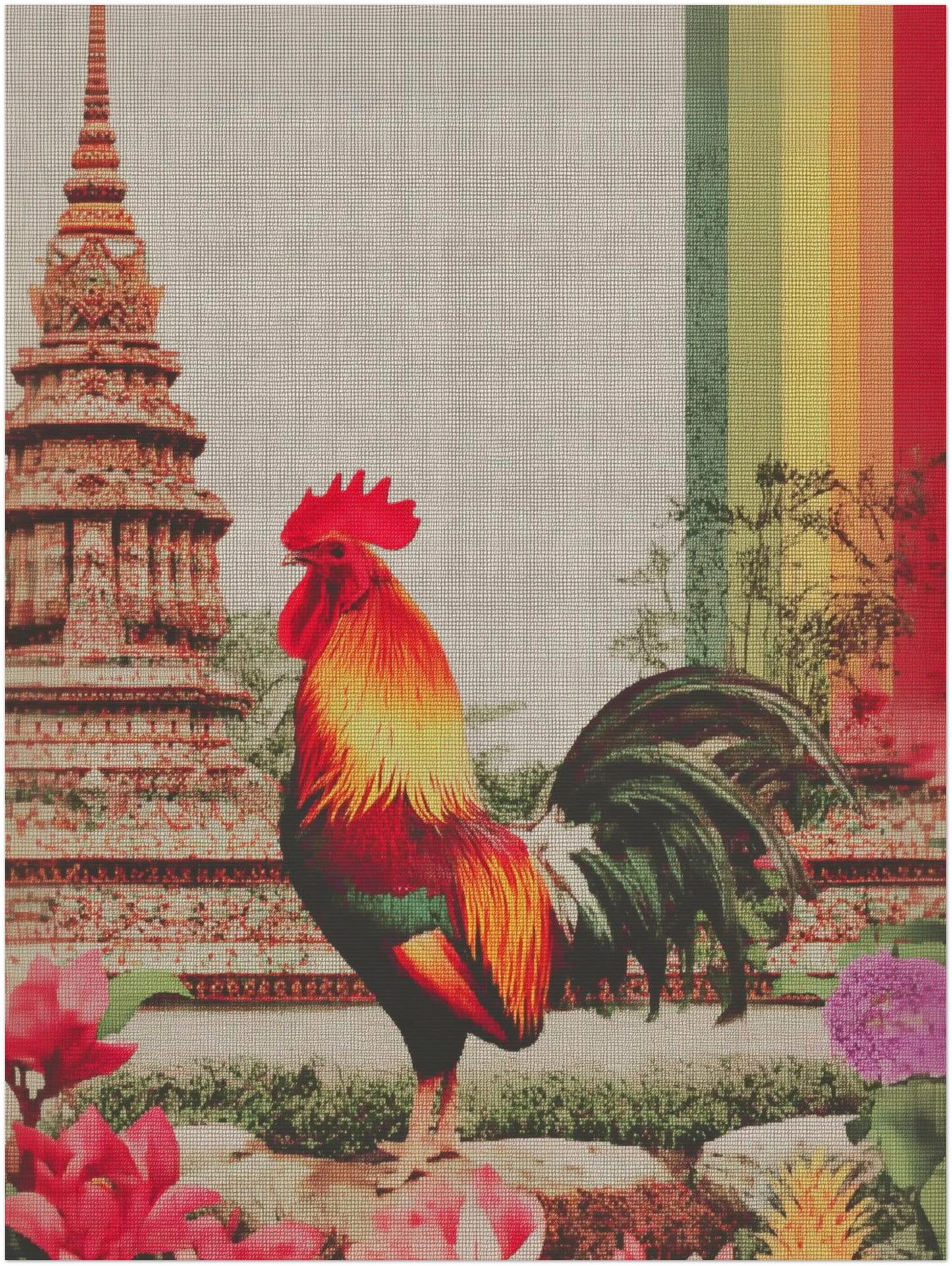 Unframed 18x24 inch Thai rooster poster featuring a vibrant rooster positioned before majestic Thai temple architecture inspired by Wat Arun. The larger scale reveals stronger canvas texture, deeper colour layering and a prominent rainbow stripe that heightens visual impact. A strong choice for contemporary interiors, above sofas, sideboards or dining tables where bold cultural wall art is desired.