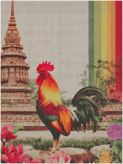 Unframed 18x24 inch Thai rooster poster featuring a vibrant rooster positioned before majestic Thai temple architecture inspired by Wat Arun. The larger scale reveals stronger canvas texture, deeper colour layering and a prominent rainbow stripe that heightens visual impact. A strong choice for contemporary interiors, above sofas, sideboards or dining tables where bold cultural wall art is desired.