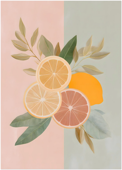 Mockup of the pastel citrus fruit print in the 20×28 inch size, with a plain background highlighting the artwork’s crop and how the grapefruit, orange and lemon illustration sits within this format.