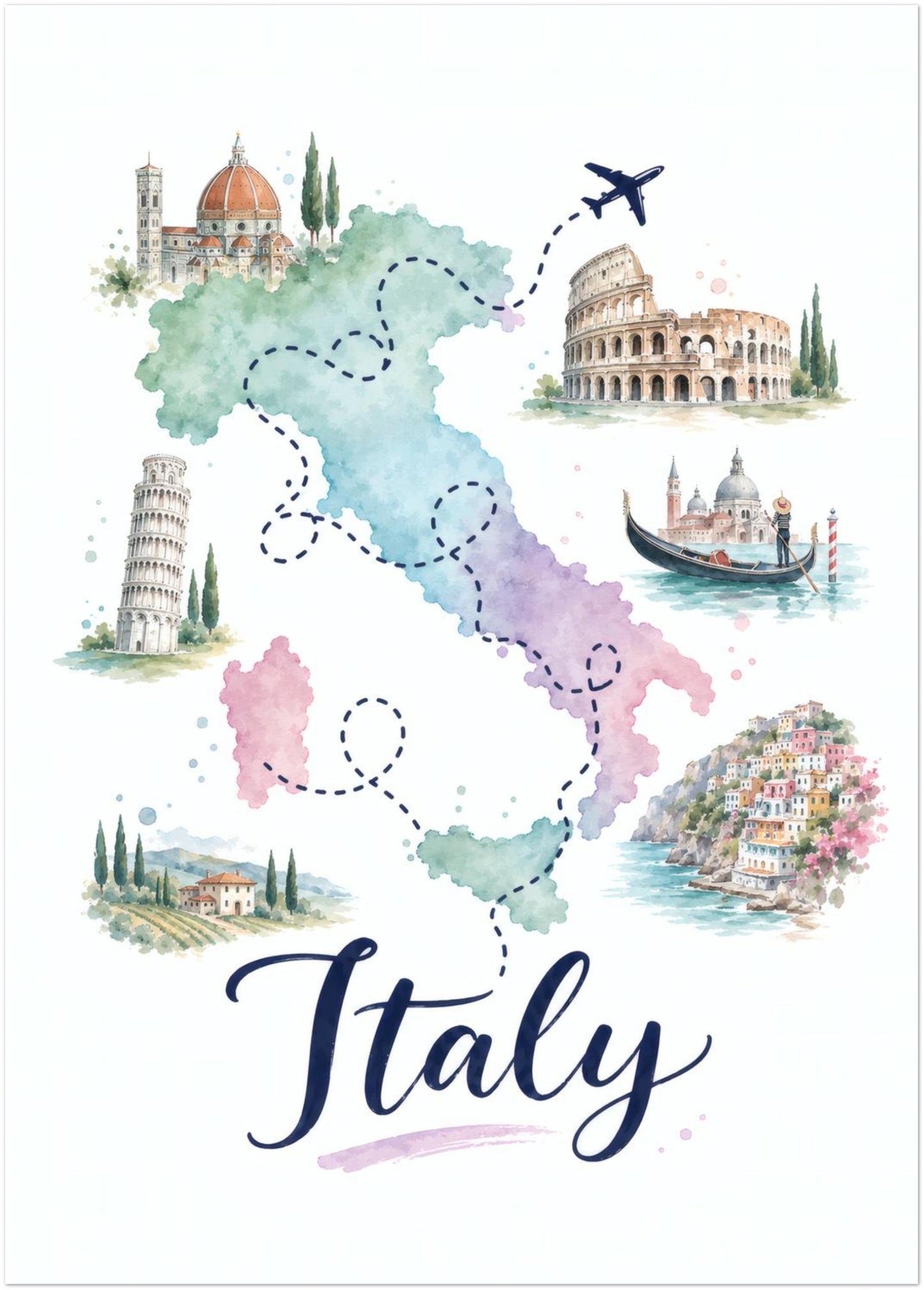 Unframed 20 x 28 inch Italy travel map print in a portrait layout. The artwork shows Italy in pastel green, blue, pink and purple watercolour sections, surrounded by illustrated architecture, monuments and coastal scenes. Dotted journey routes, a small aeroplane and flowing navy Italy lettering create bright Italian wall decor.