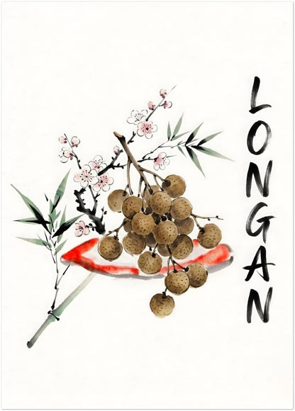 20x28 inch minimalist Thai longan watercolour print with a soft fruit cluster, green bamboo leaves, pale pink blossoms, red brush detail and black ink style lettering. A Southeast Asia inspired poster for kitchen wall decor, dining rooms, cafés, restaurants and calm travel themed rooms.
