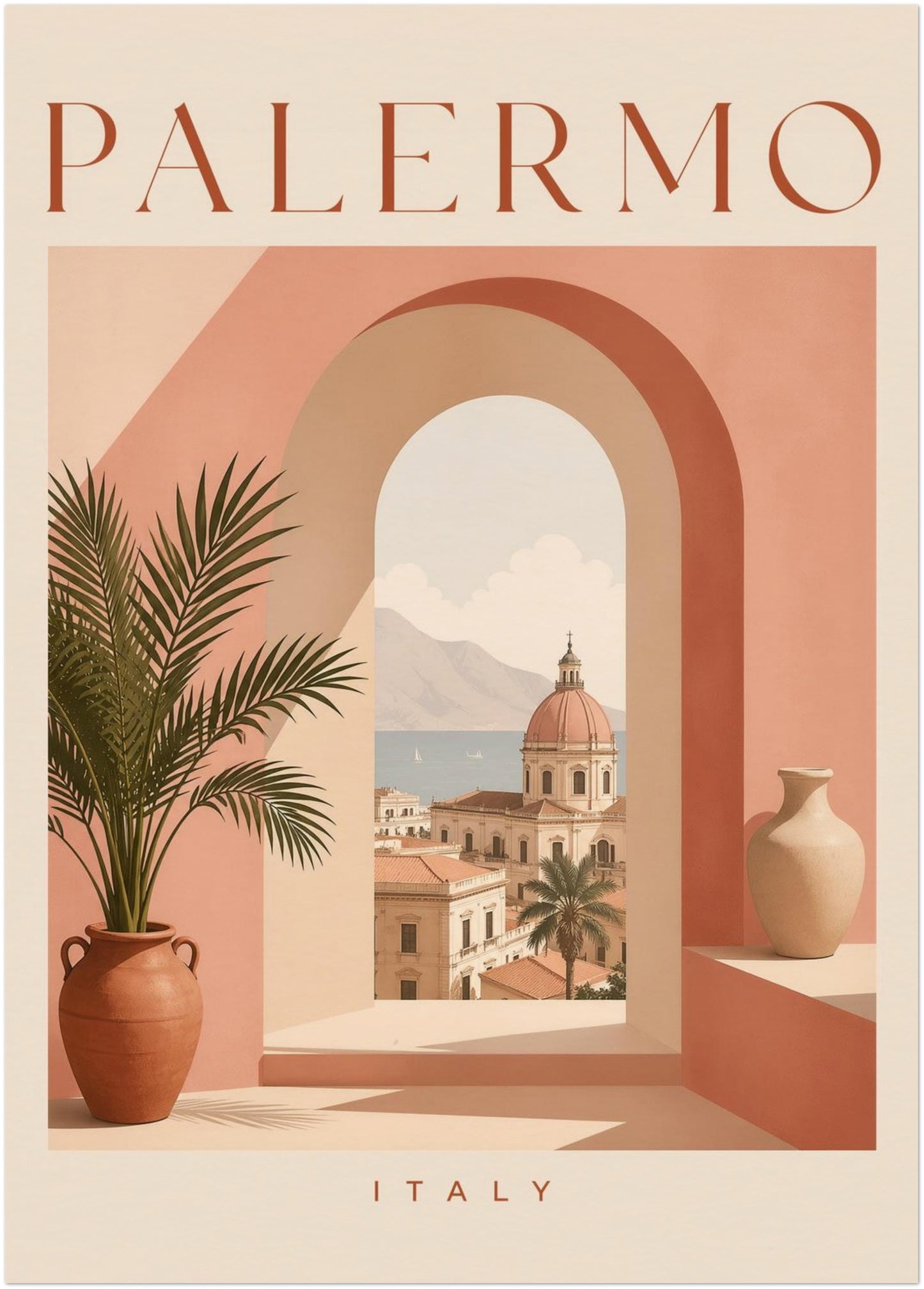 Unframed 20 x 28 inch Palermo Sicily wall art with peach, coral, terracotta and cream tones. The vertical composition shows PALERMO typography, a curved Mediterranean arch, a tall potted palm and a detailed sunlit city view, finished with ITALY beneath. A large pastel travel poster for bedrooms, lounges and contemporary gallery displays.