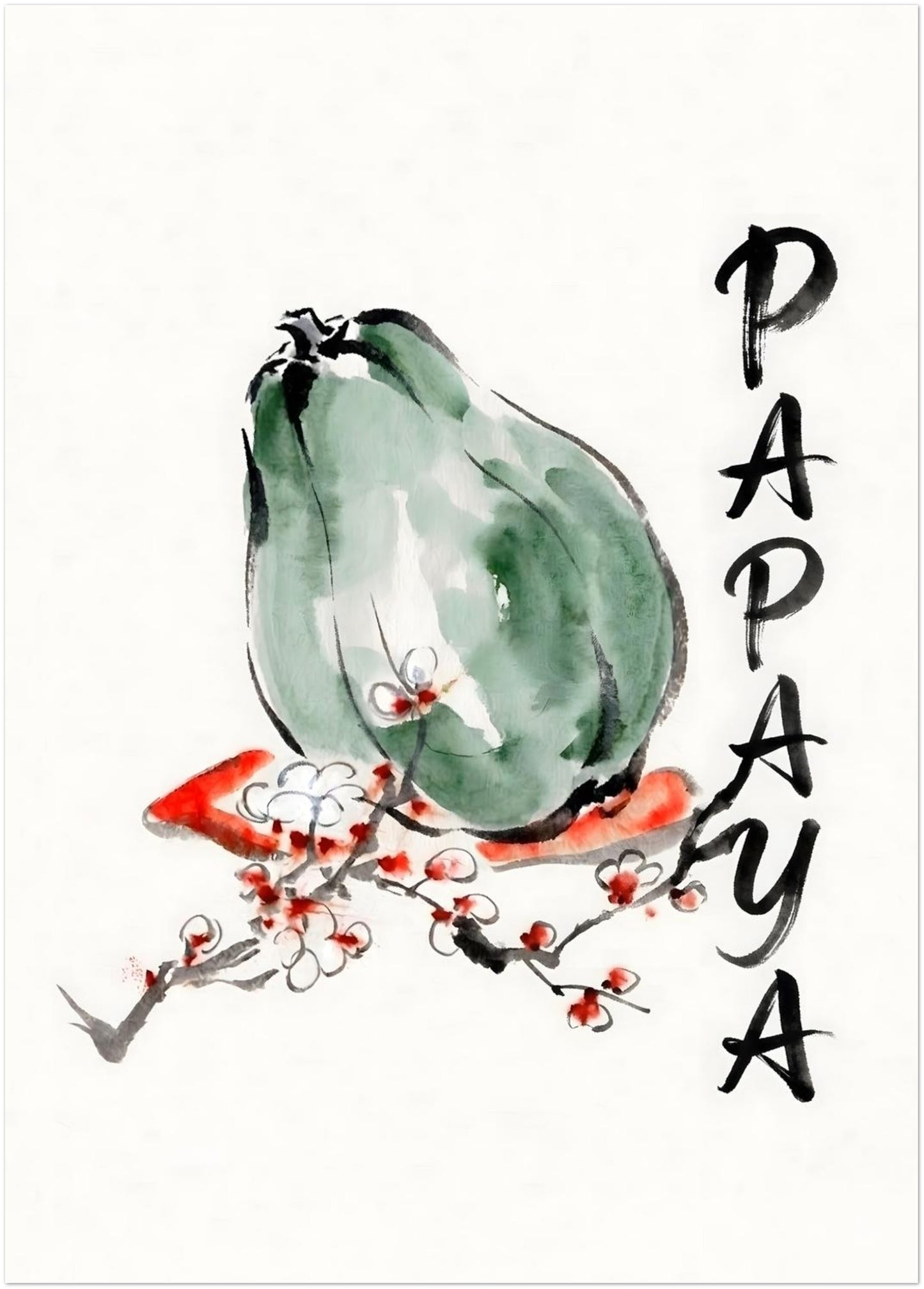 20x28 inch unframed papaya art print presented as a clear product image on a light background. The design shows a soft green papaya in a loose watercolour and ink style, with a red and white blossom branch below and vertical PAPAYA lettering to the side. Oversized fruit wall art for kitchens, dining rooms and modern homes, combining tropical botanical detail with a simple minimalist layout.