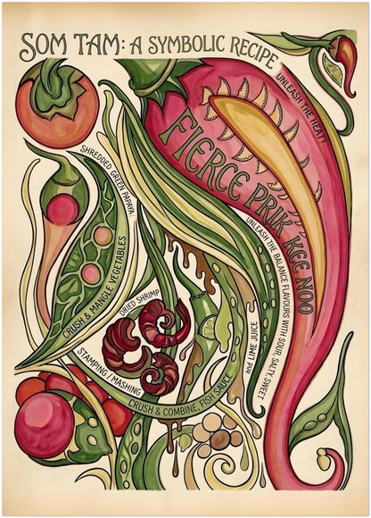 20x28 inch unframed Som Tam Recipe Print displayed as a large product image on a plain white background. The artwork features an illustrated Thai food design with red chilli, green papaya strips, tomato, lime, dried shrimp and curved text woven into the composition. A helpful size preview for showing how this Thai food poster and papaya salad print looks in a taller statement format for kitchens or dining rooms.
