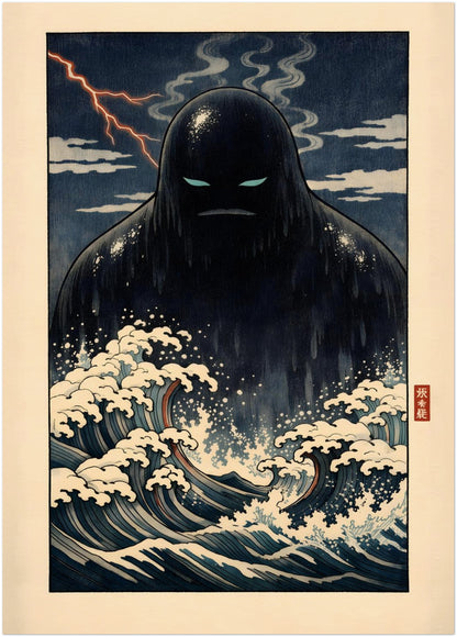 20x28 inch unframed Japanese folklore art print featuring the Umibōzu sea monk emerging from curling navy ocean waves under a moody sky. The balanced vertical format showcases traditional wave detailing, deep blue tones and a red seal accent. A mid-large yōkai wall art poster combining heritage-inspired illustration with modern display versatility.