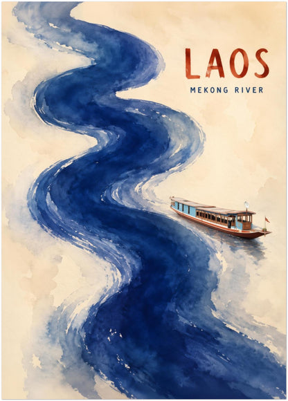 Unframed 20 x 28 inch Laos Mekong River print with a dramatic winding river painted in deep blue watercolour from top to bottom. A small longboat appears on the right side, set against a warm cream background with red LAOS lettering above. Large vertical travel wall art inspired by the landscapes, waterways and culture of Southeast Asia.