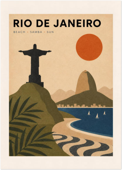 Unframed 20 x 28 inch Rio de Janeiro travel poster with a vintage-style Brazil scene featuring Christ the Redeemer, Sugarloaf Mountain, tropical leaves, a blue bay, sailing boats, an orange sun and the famous Copacabana wave pavement. This large vertical art print adds colour and travel character to modern walls.