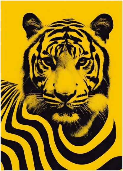 20x28 inch unframed Malaysian tiger poster featuring a bold black tiger portrait with stylised flowing stripe graphics across the body against a bright yellow background. The contemporary wildlife wall art design takes inspiration from Malaysia’s national animal and combines graphic illustration with modern poster aesthetics to create a striking decorative print.