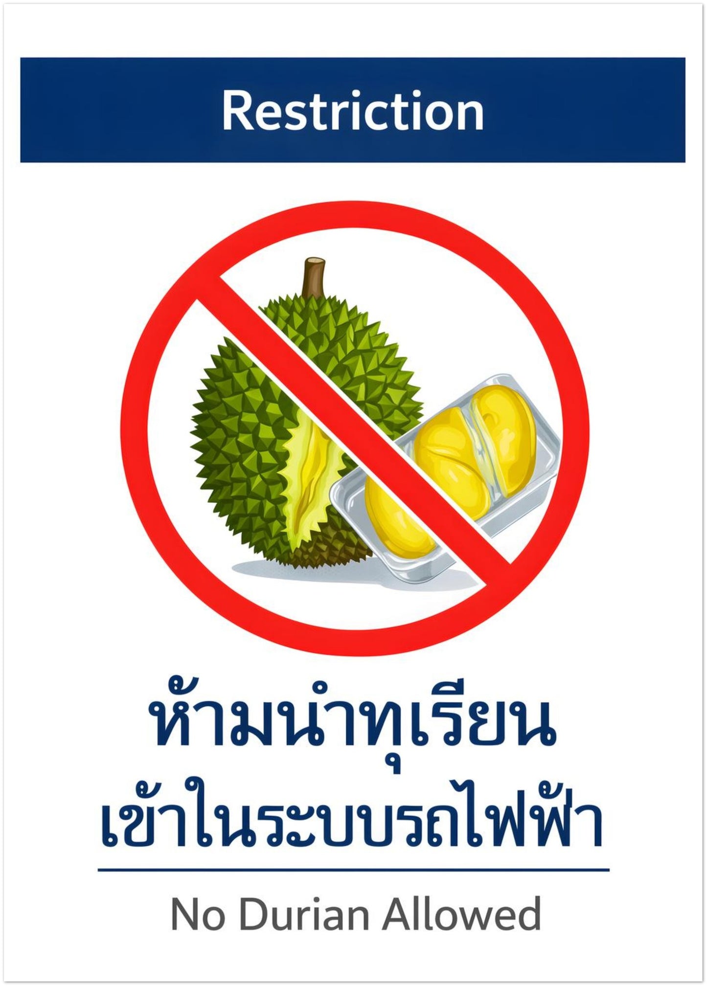 20x28 inch unframed No Durian Allowed poster inspired by Southeast Asian metro signage. Clean bilingual durian prohibition sign with red restriction circle and structured typography. Mid-size kitchen wall art suitable for food-themed interiors, travel-inspired gallery walls or modern restaurant decor.