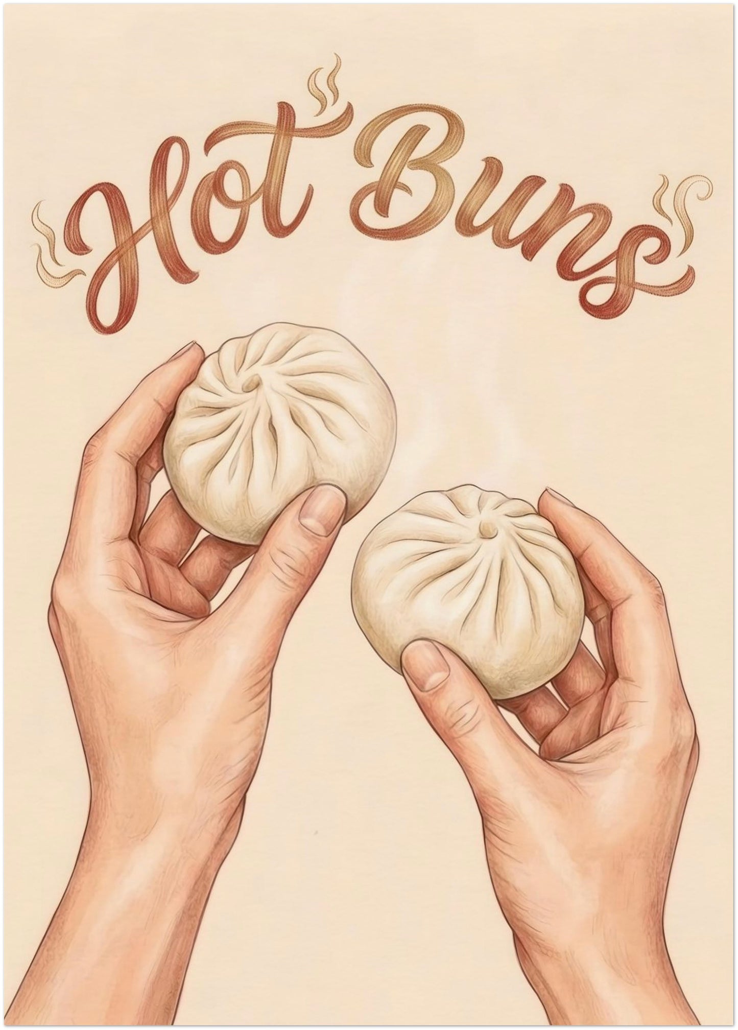 20x28 inch unframed Hot Buns print showing two hands holding round steamed buns with curved brown “Hot Buns” lettering on a soft beige background. The composition is clean and balanced, giving the playful food theme a more polished wall art feel. Works well as modern kitchen art, asian food wall art, kitchen food print decor, or a larger hand drawn food piece for dining rooms and open-plan food spaces.