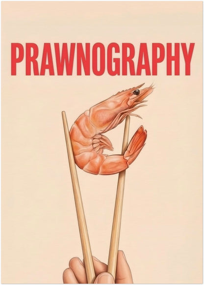 20x28 inch unframed Prawnography wall print showing a prawn held in chopsticks under bold red PRAWNOGRAPHY text. The artwork uses a soft cream background and a clean vertical format that gives it a modern and playful look. A humorous kitchen print with seafood imagery, strong typography and simple styling, suited to dining spaces, home bars and contemporary interior walls.